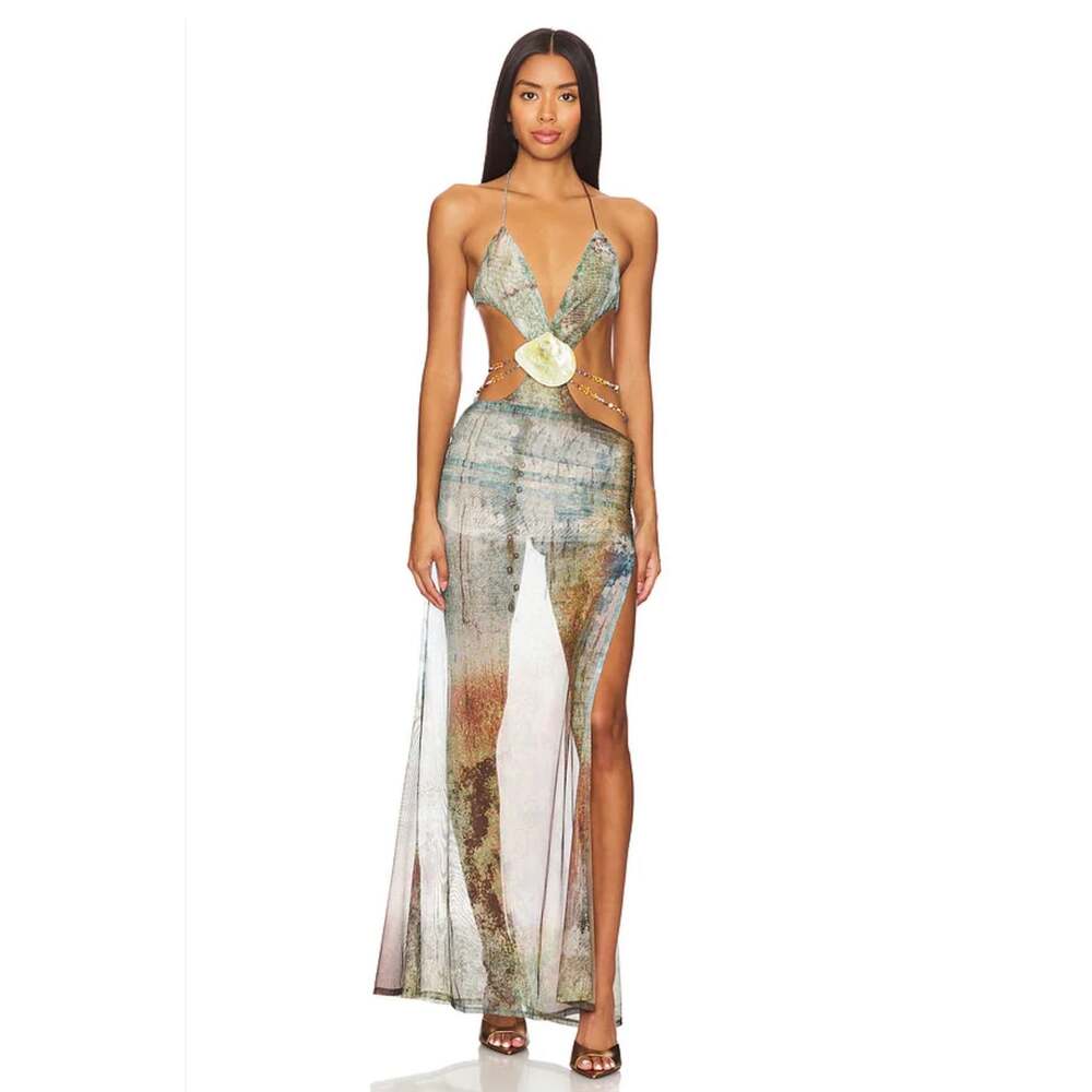 Jaded London Vida Backless Maxi Dress M Shell Trim Cutout Mesh Beaded Y2K